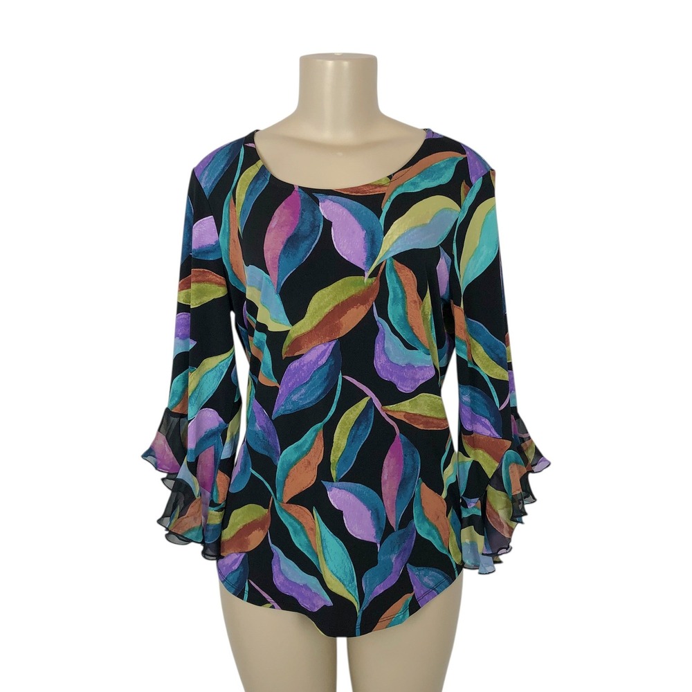 Susan Graver Multicolor Liquid Knit Ruffle Sleeve Leaf Print Top Small Artsy